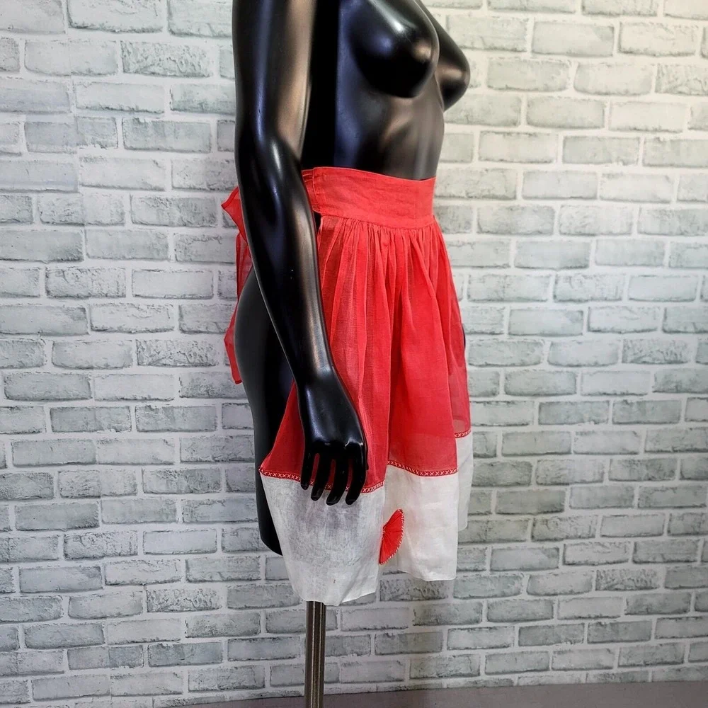 Vintage‎ 50s Red White Sheer Organza Half Apron Rosette Cross Stitch 50s Pinup
